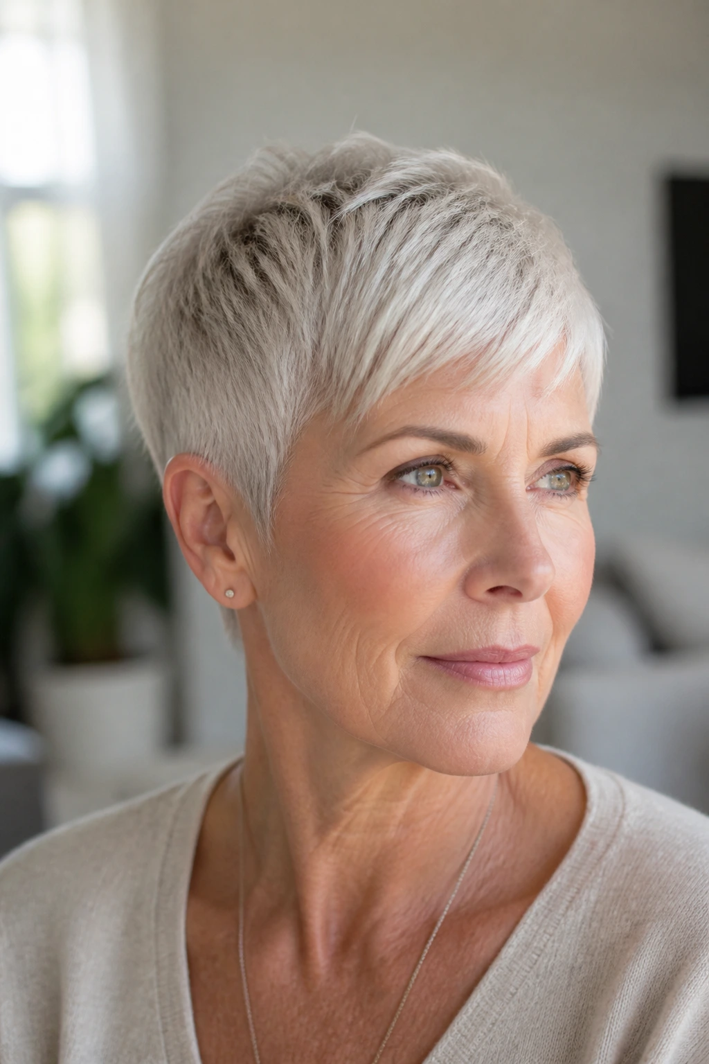 Close-up portrait of a real person with a classic soft silver pixie and clean edges