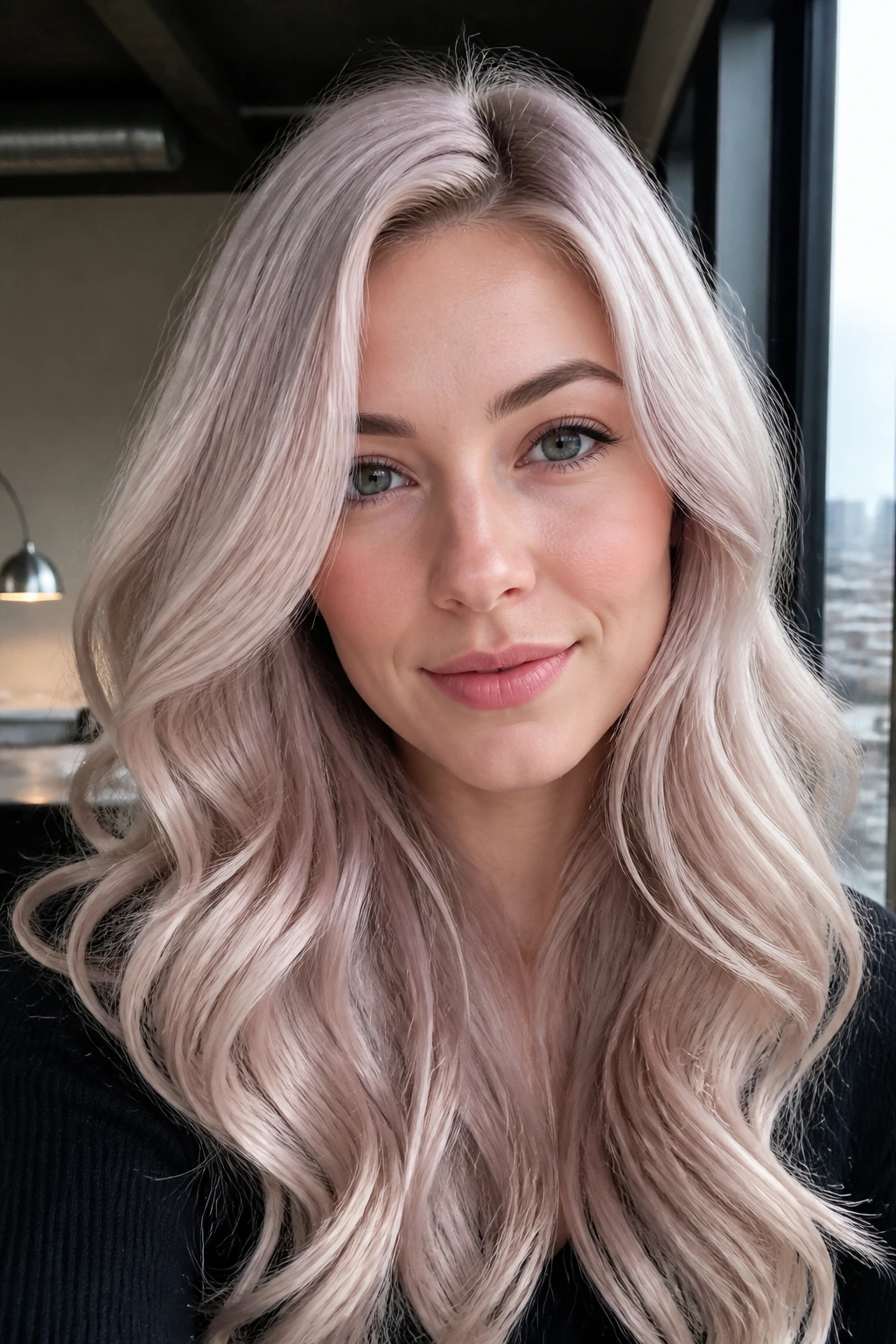 Close-up portrait of a real woman with soft silver rose blonde hair in a modern loft