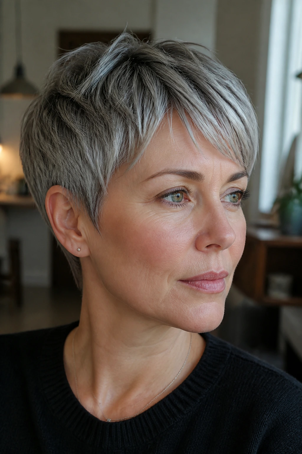 Close-up of a real person with soft silver streaks in a cropped cut