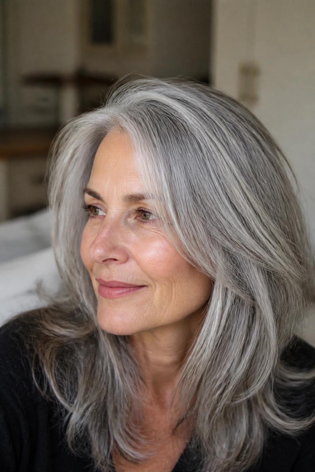 Close-up of a real woman with soft silver veil highlights on gray hair