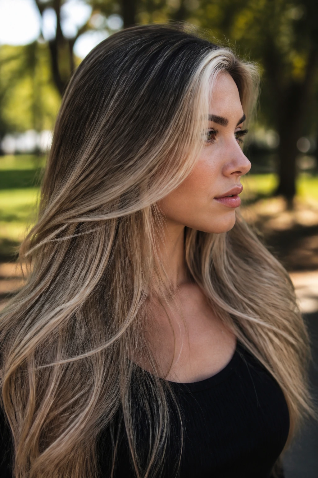 Close-up portrait of a real woman with a soft skunk stripe blonde