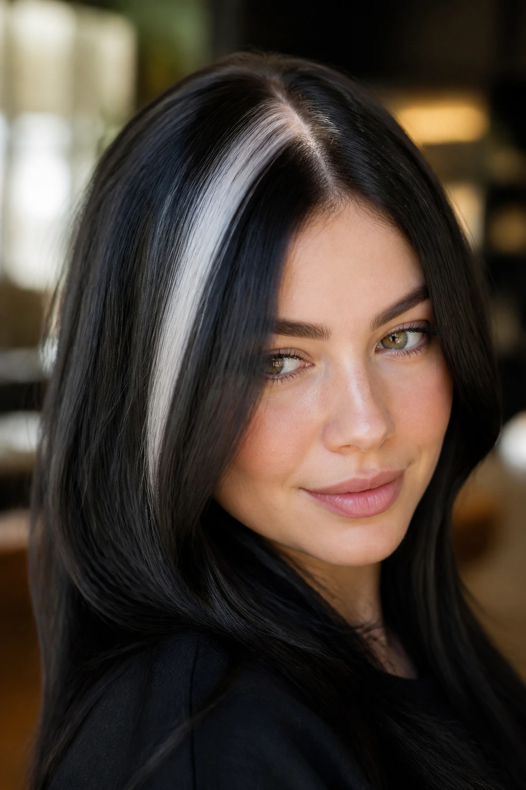 Close-up of a real woman with a soft skunk stripe off-center in black hair.