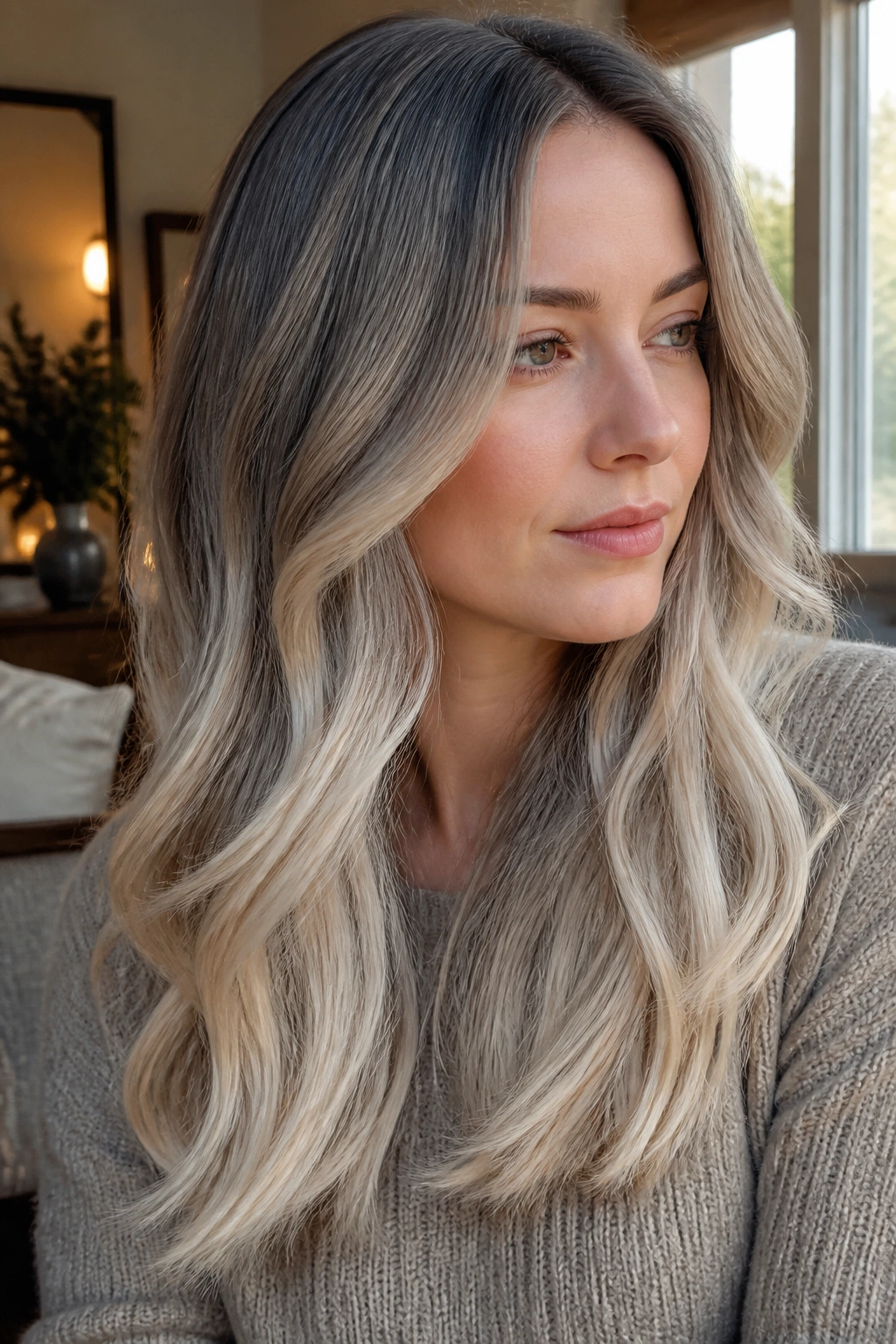 Real woman with soft slate blonde ombré in natural window light.