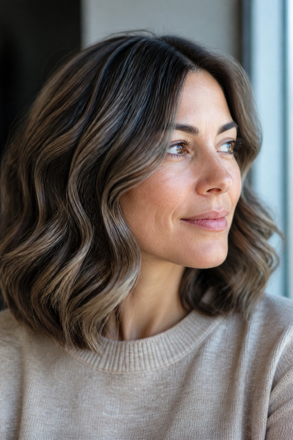 Close-up of a real woman with soft slate highlights on medium brown waves.