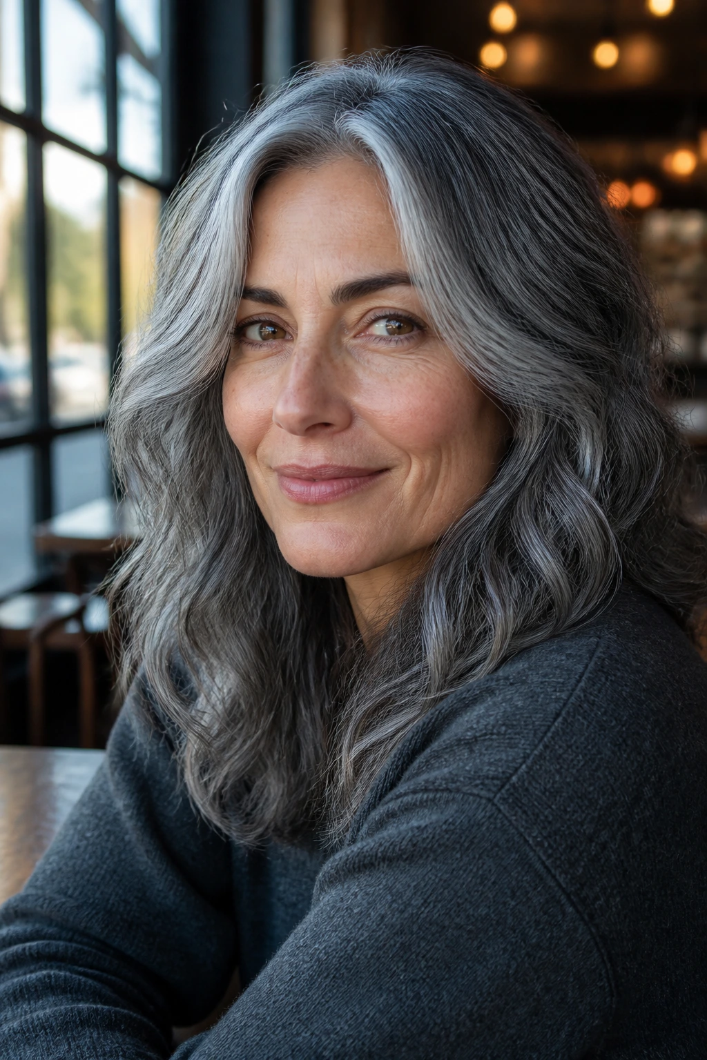 Real woman with soft slate waves hair in a cozy, naturally lit setting