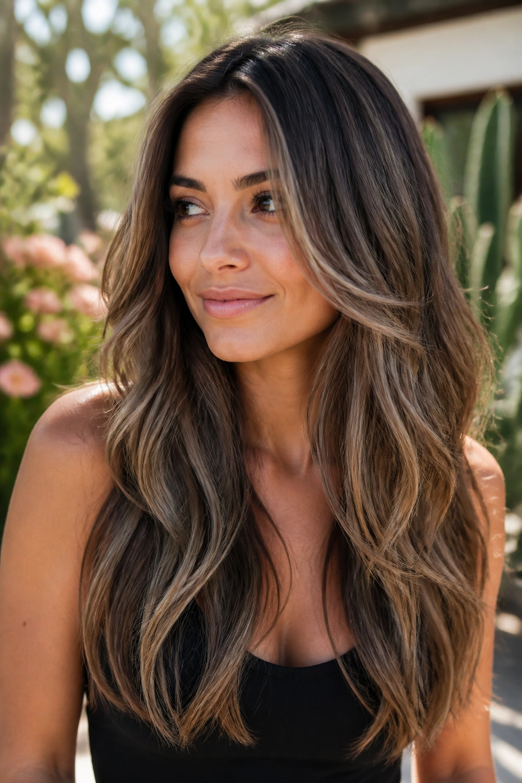 Close-up of a real woman with long layered brown hair featuring soft smoke balayage.