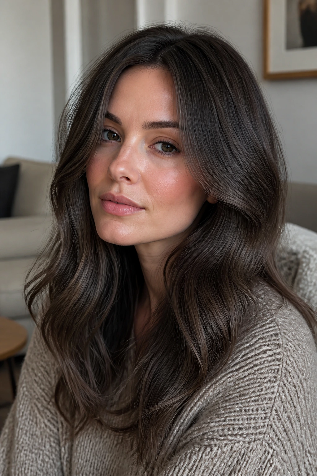 Close-up portrait of a woman with soft smoke brunette hair
