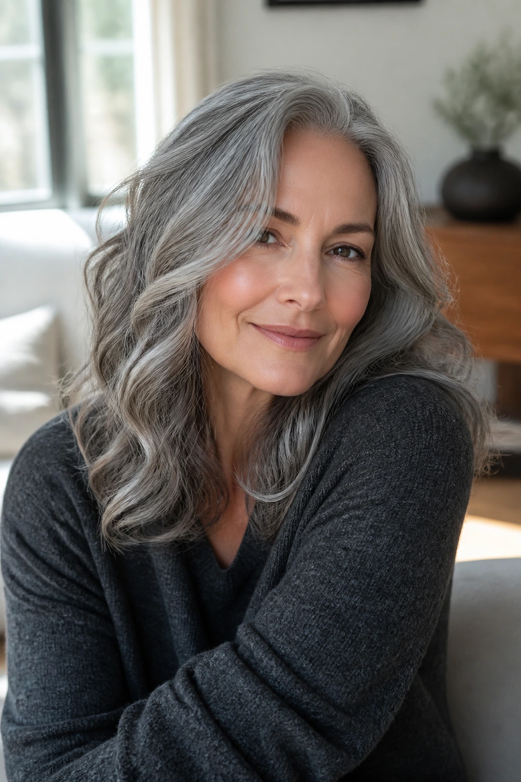 Close-up portrait of a real person with soft smoke grey waves hairstyle.