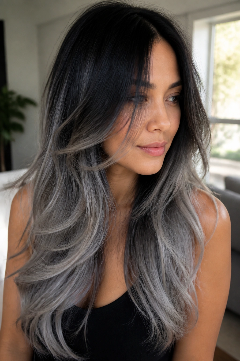 Close-up of a real woman with soft smoke melt ombre: black roots to charcoal to silver ends on long layered hair.