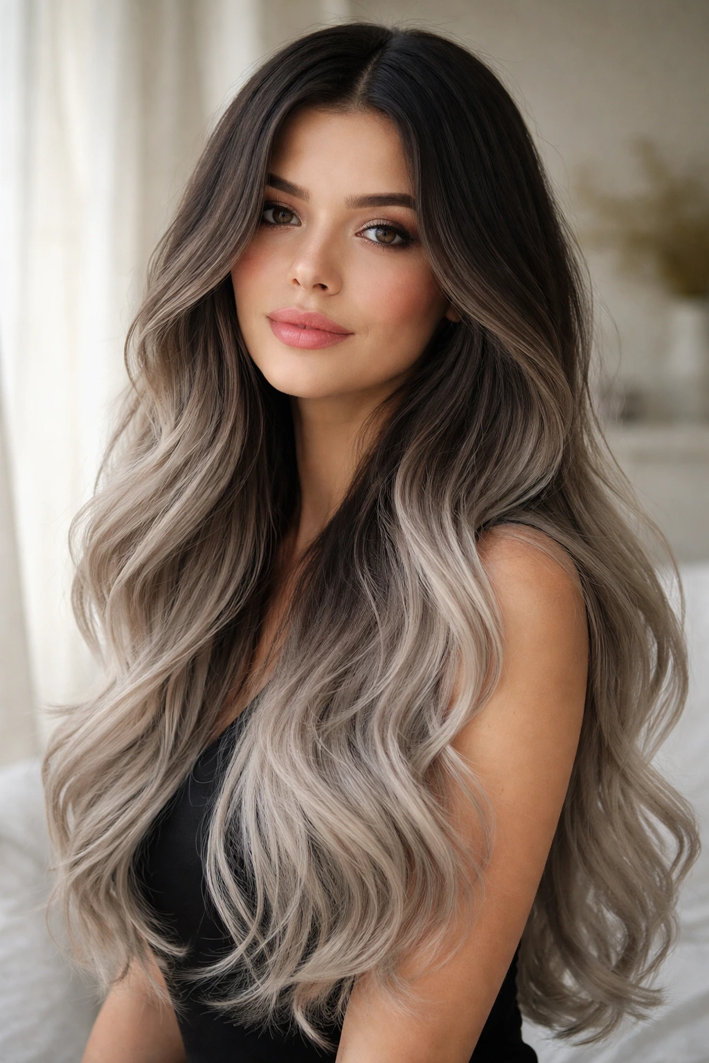 Close-up portrait of a real woman with soft smoke ombre hair blending dark to light gray