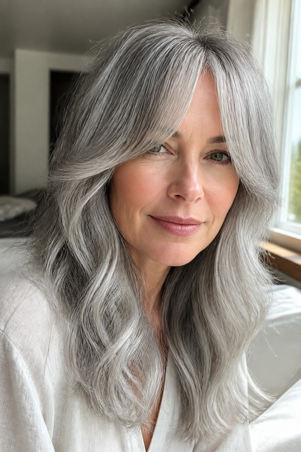 Real person with soft smoke silver hair and curtain bangs, close-up portrait.
