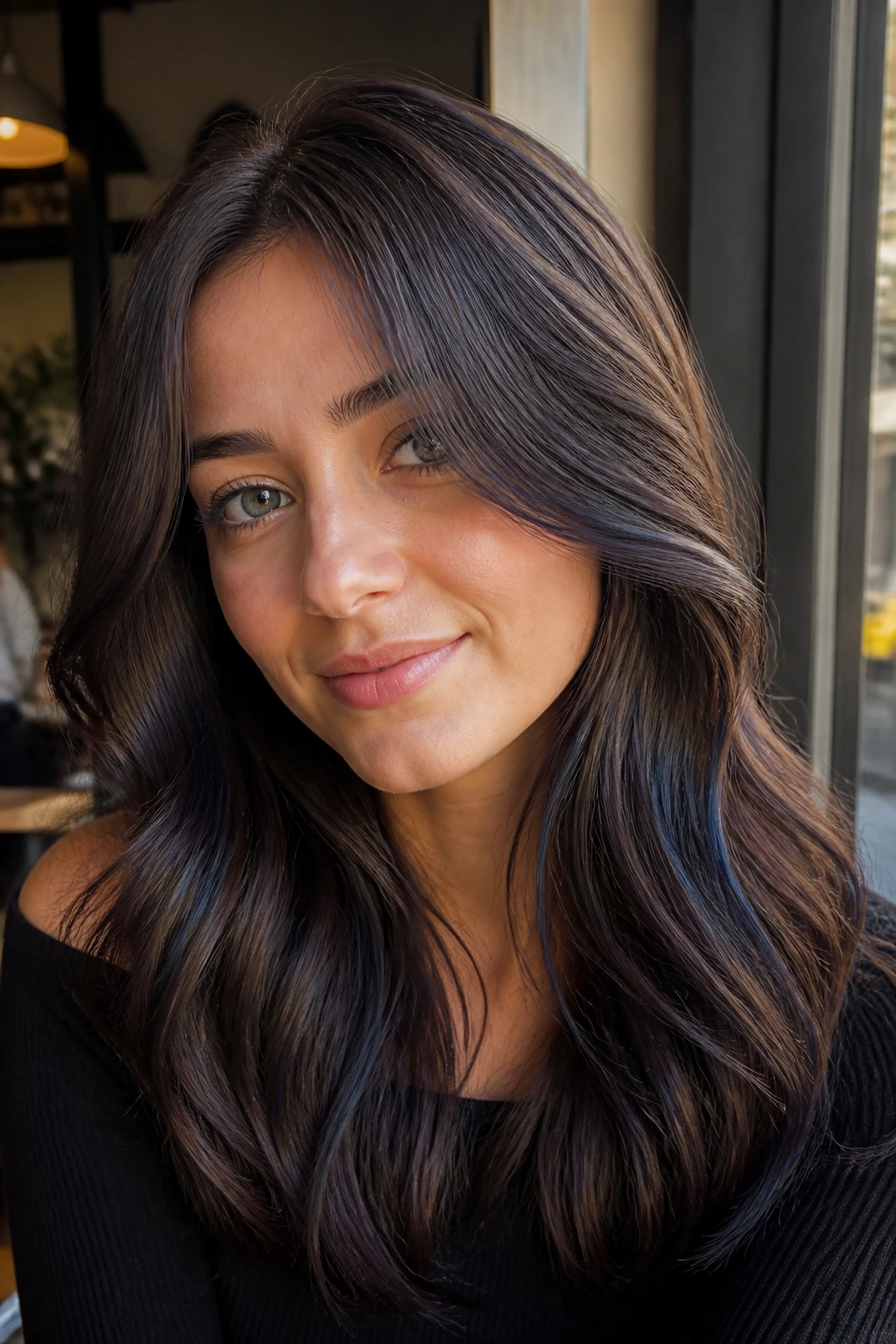 Close-up of a woman with soft smoked chestnut hair and blue reflect in warm light
