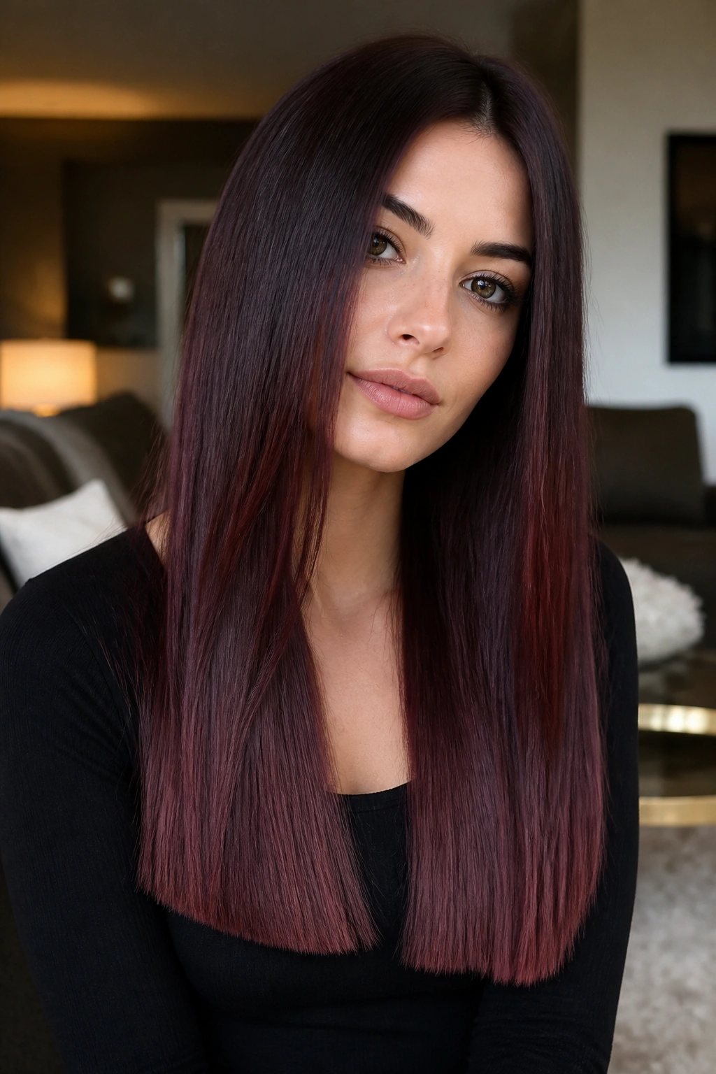Close-up of a woman with soft smoky cherry on long blunt ends in warm indoor lighting.