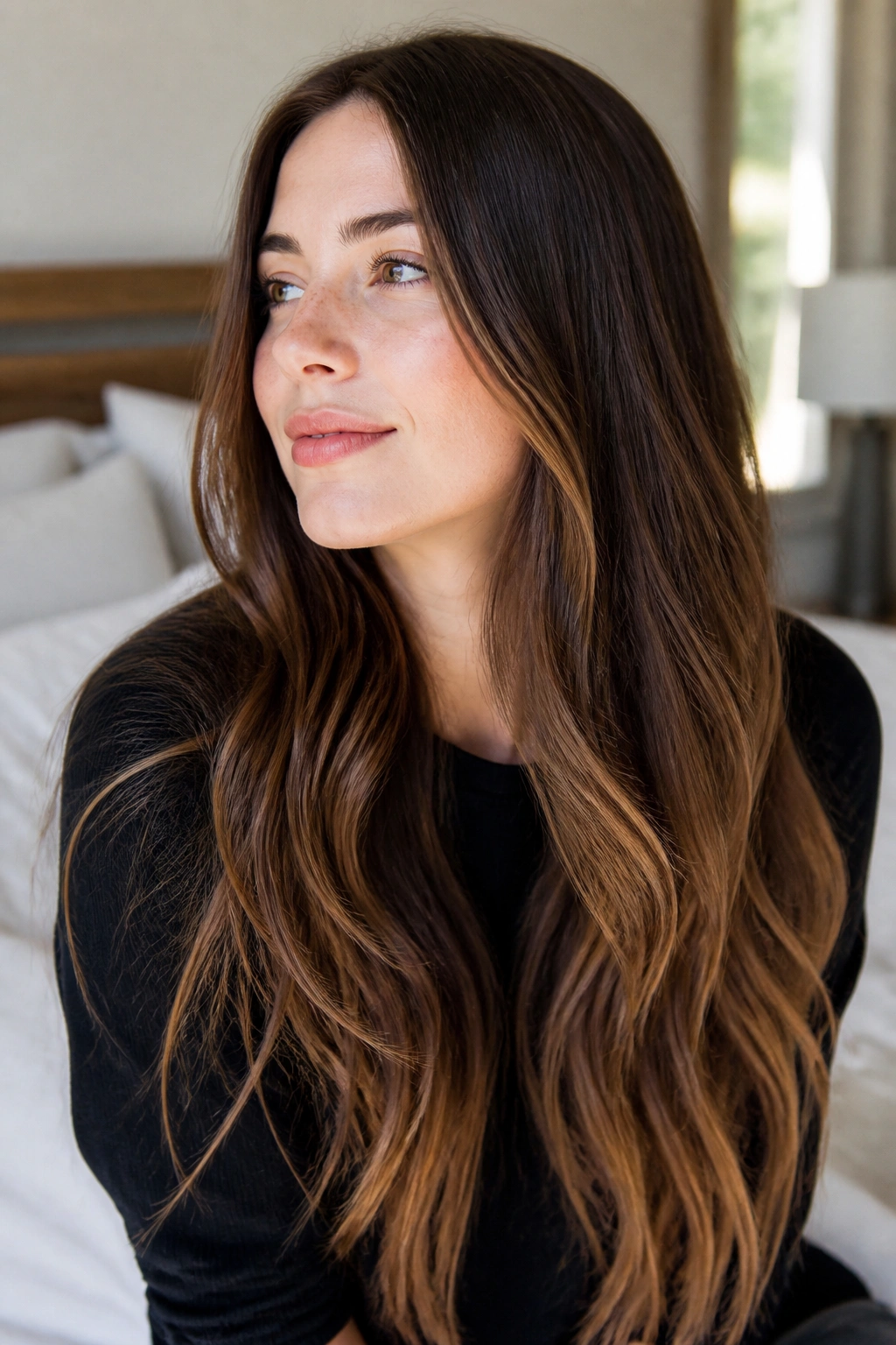 Close-up of a real woman with a soft sombre hair color shift