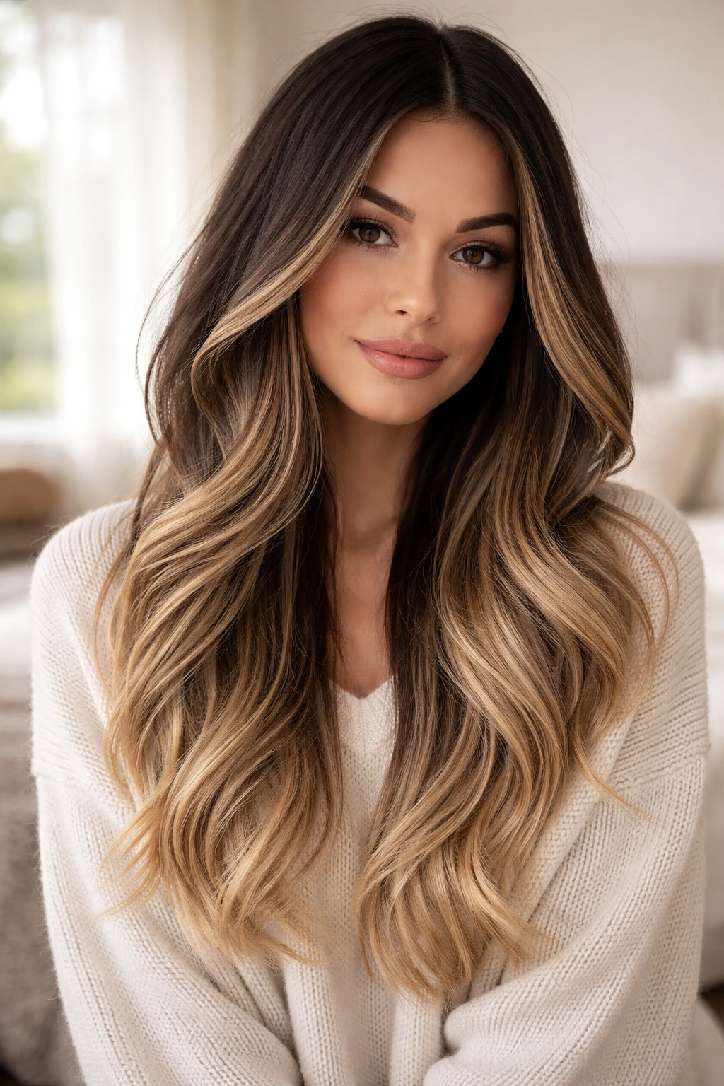 Close-up of a real woman with dark roots fading to blonde ends in a soft sombre gradient