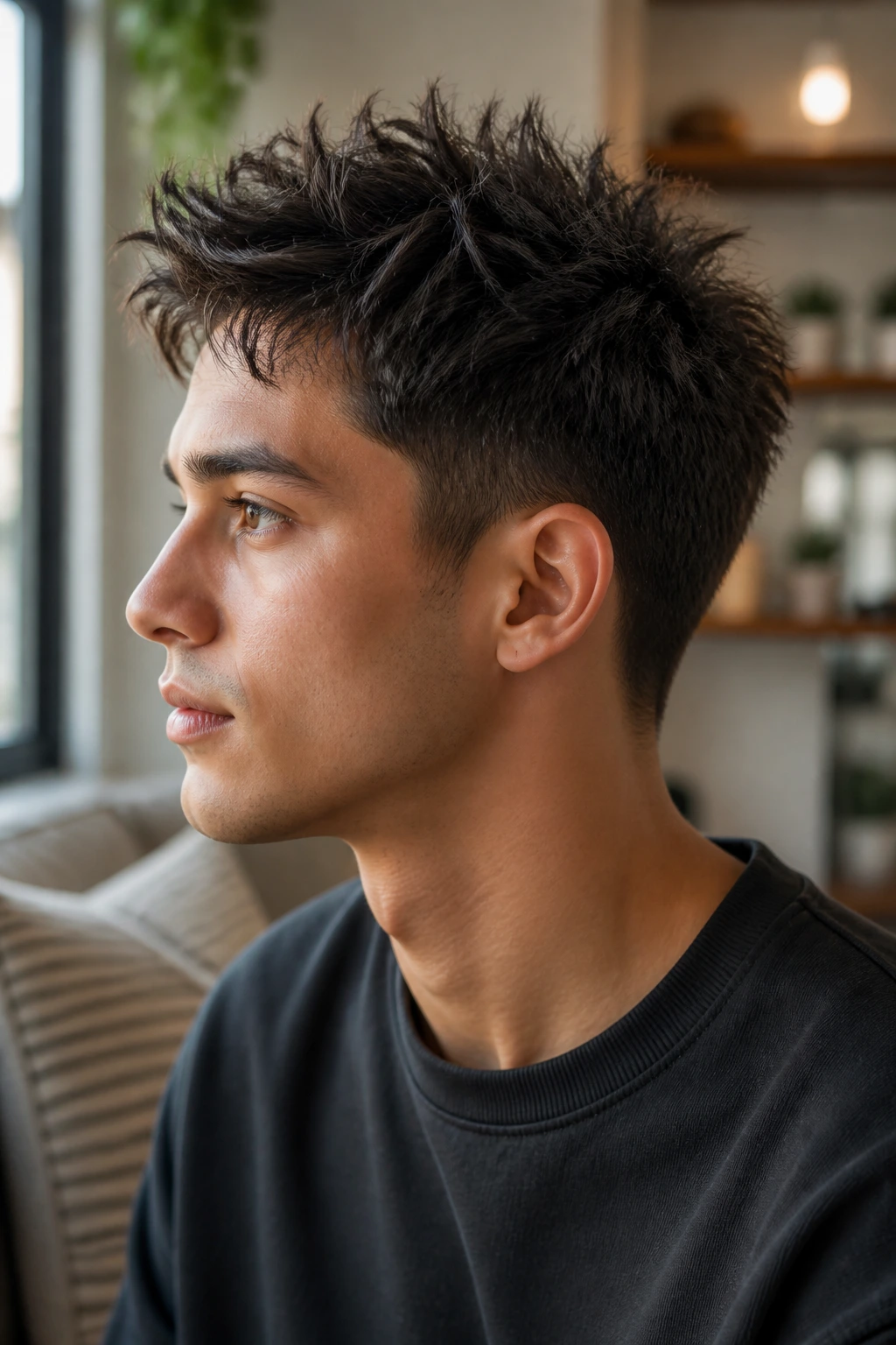 Close-up portrait of a real person with soft spikes and tapered nape in a cozy daylight setting