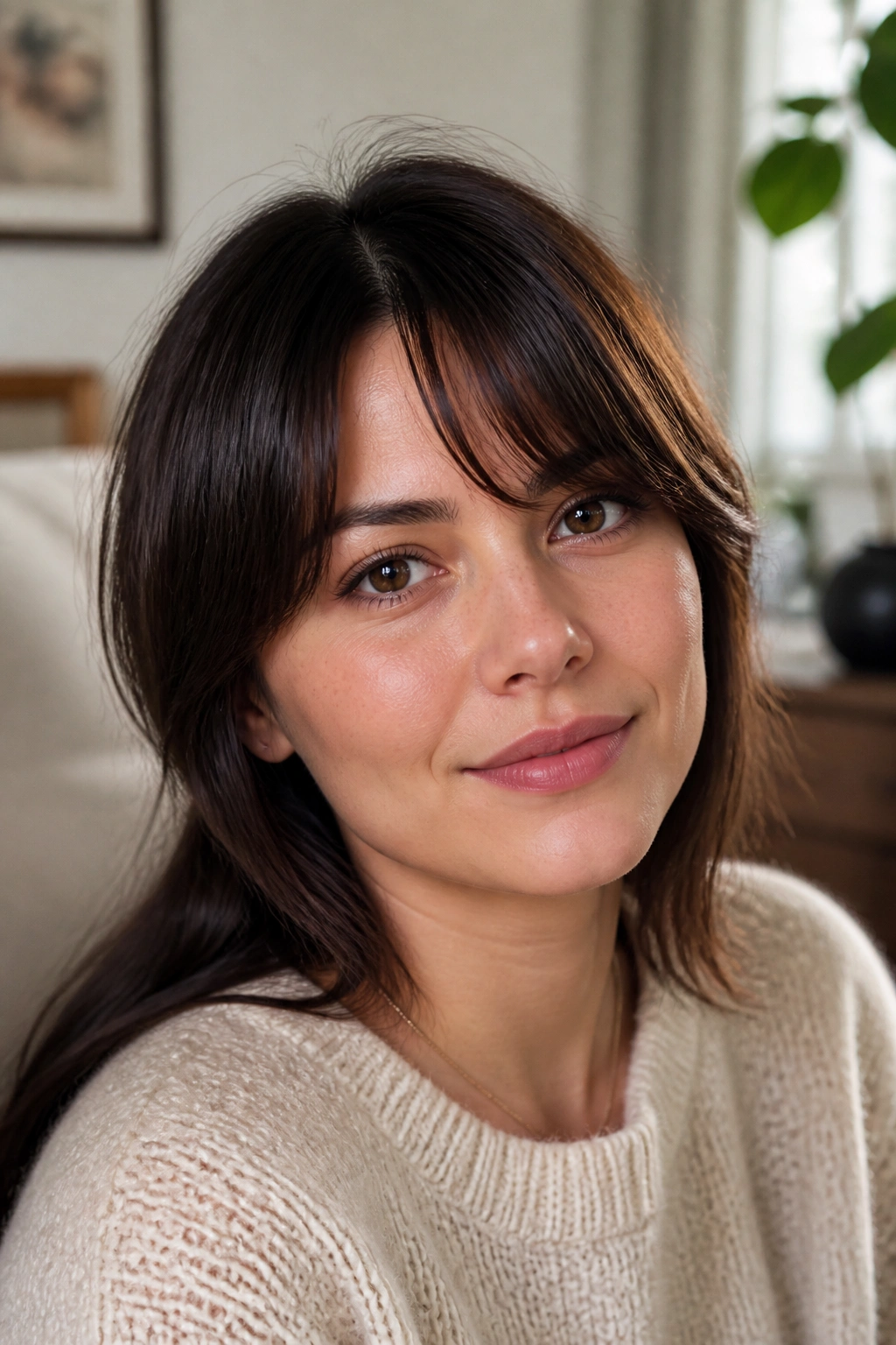 Close-up of a real woman with uneven-center soft split bangs.