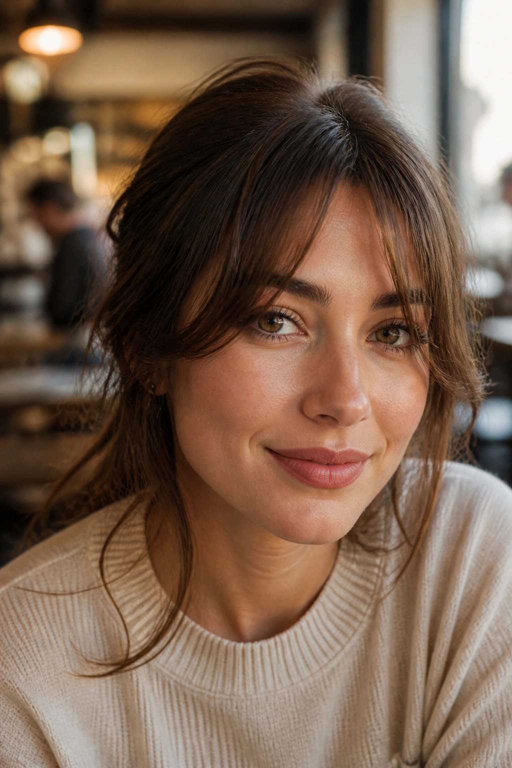 Close-up of a real woman with a soft split fringe in a cozy cafe setting.