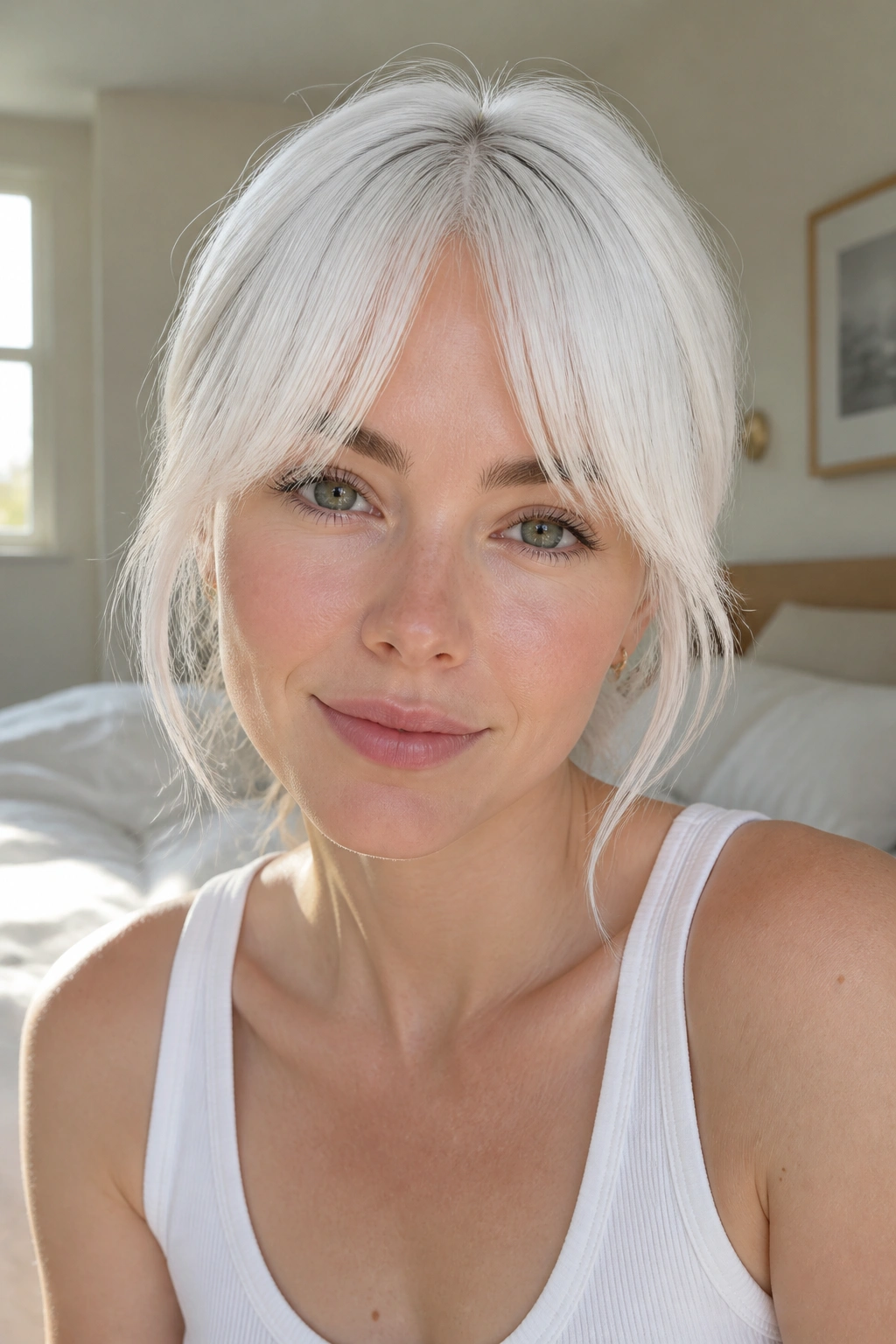 Close-up of a real person with soft split white bangs in a sunlit bedroom.