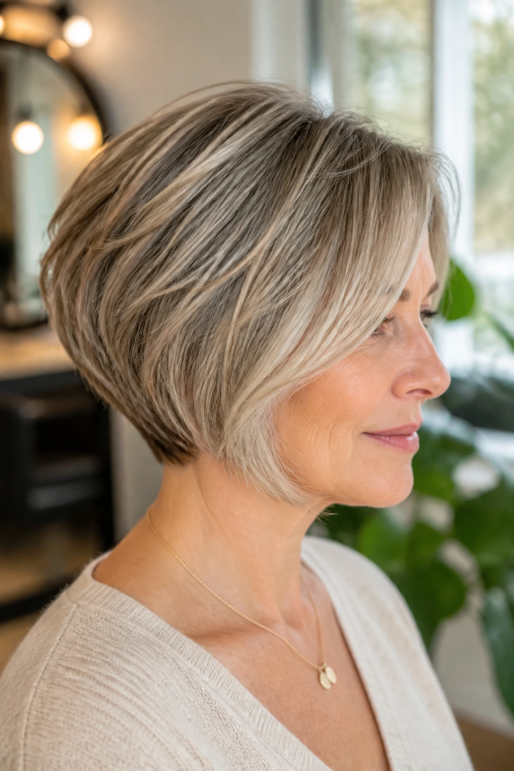 Close-up of a real person with a soft stacked bob and gentle crown lift