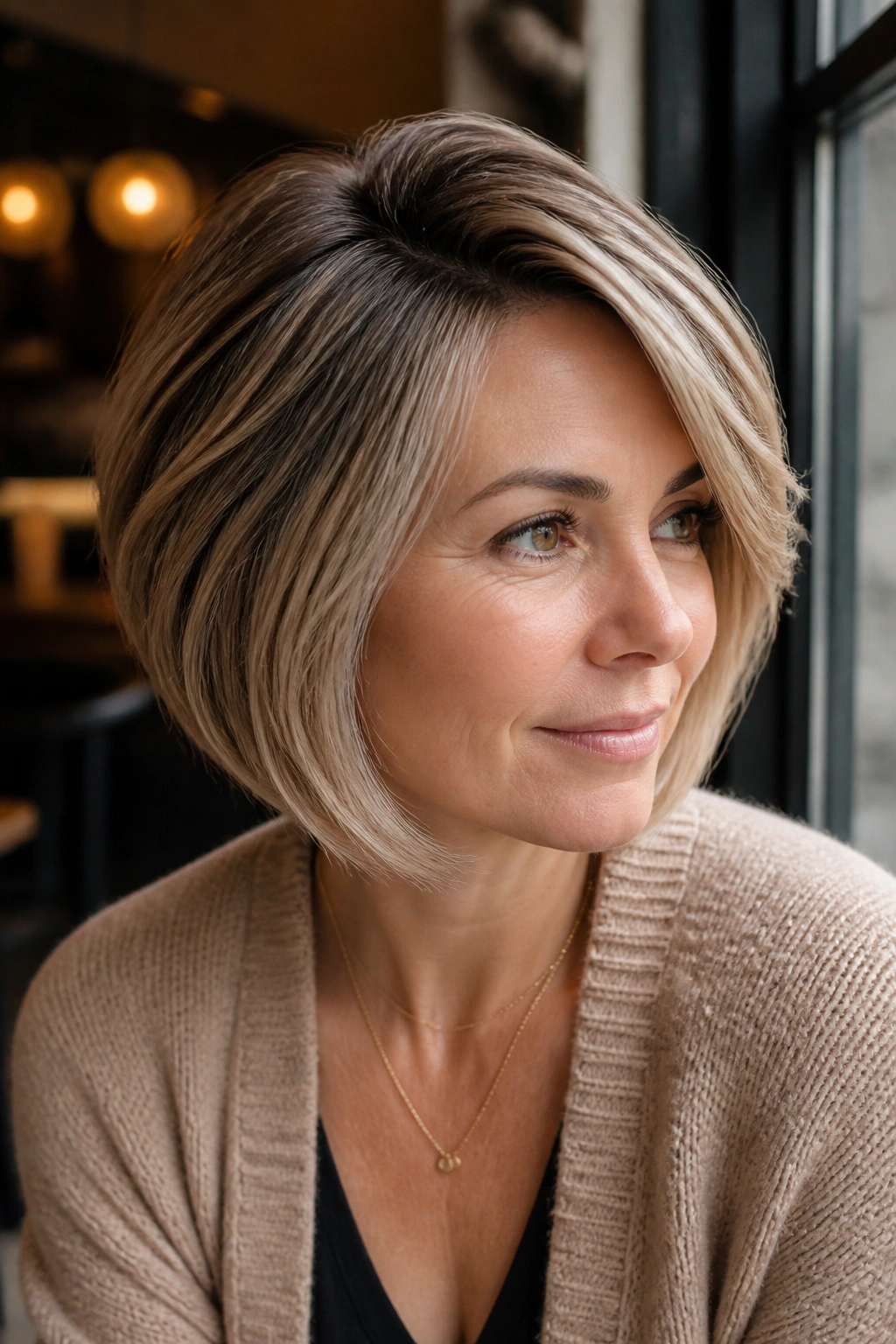 Real woman with soft stacked bob and deep side part in warm daylight