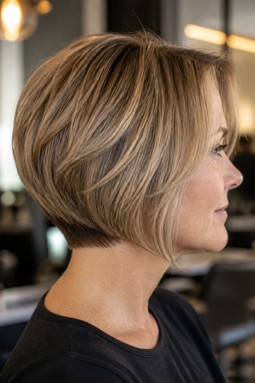 Close-up of a real woman with a soft stacked graduated bob for fine hair, crown lift and calm front