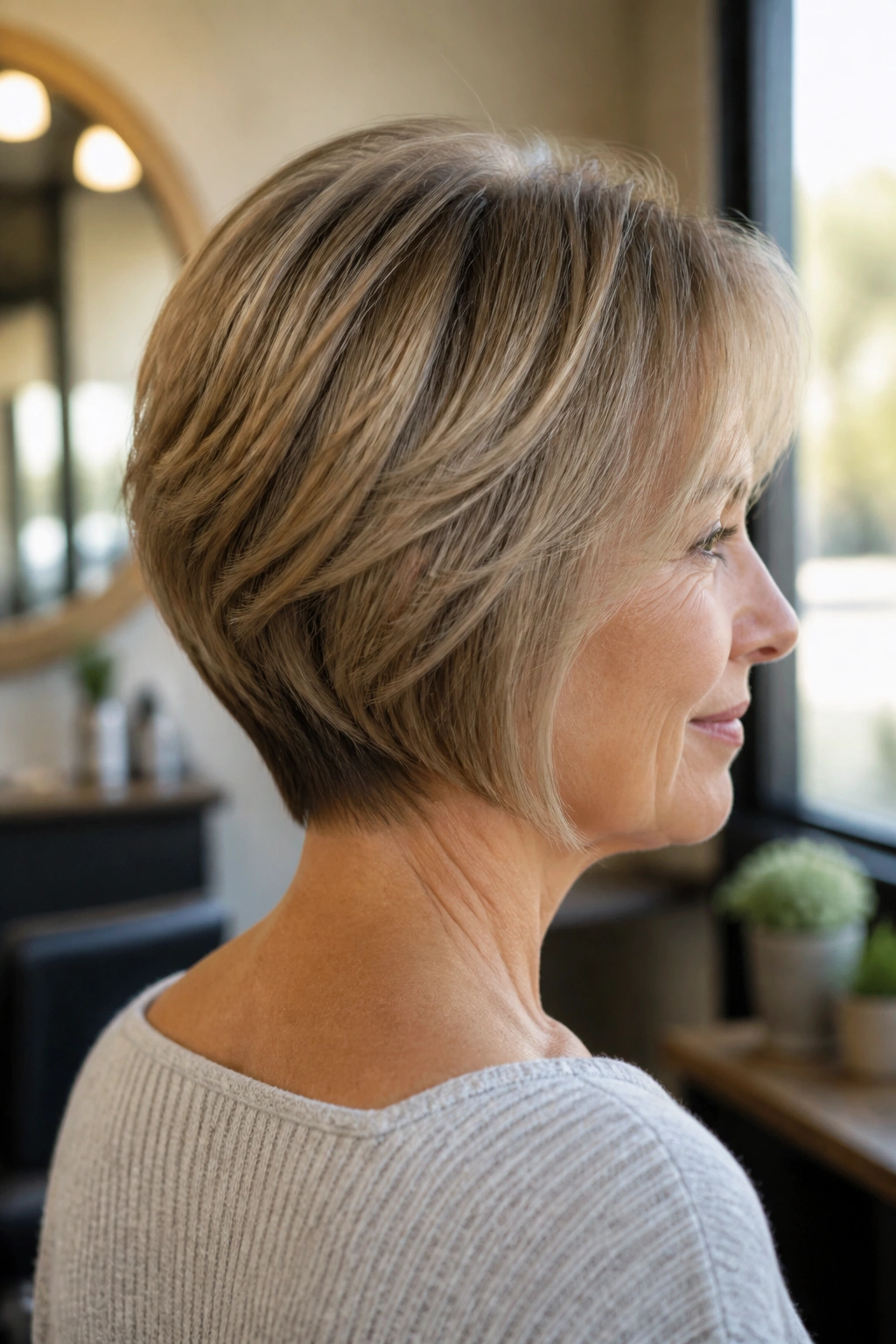 Close-up portrait of real woman with soft stacked bob showing gentle nape stacking in warm salon light