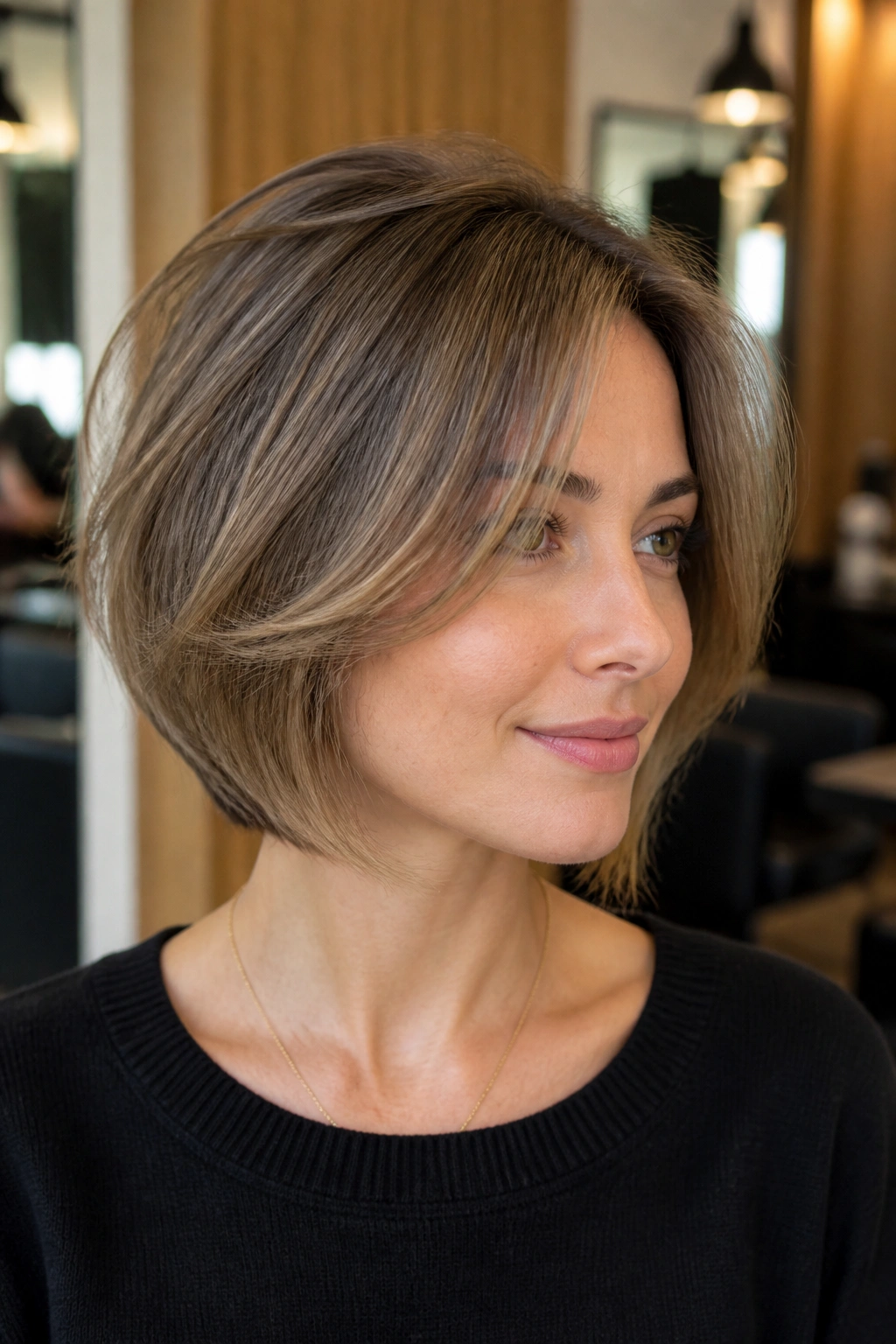 Close-up of a real woman with a soft-stacked curtain bob lifting the crown and framing the face.