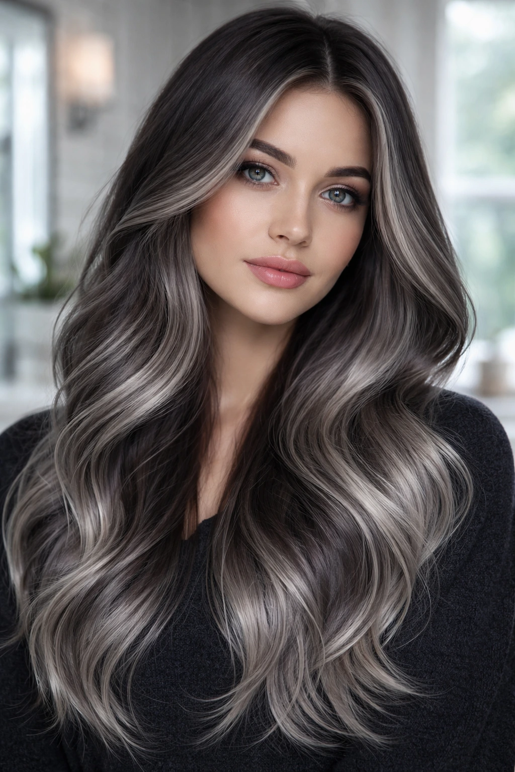 Close-up of a real person with soft steel melt grey hair showing charcoal to silver tones.