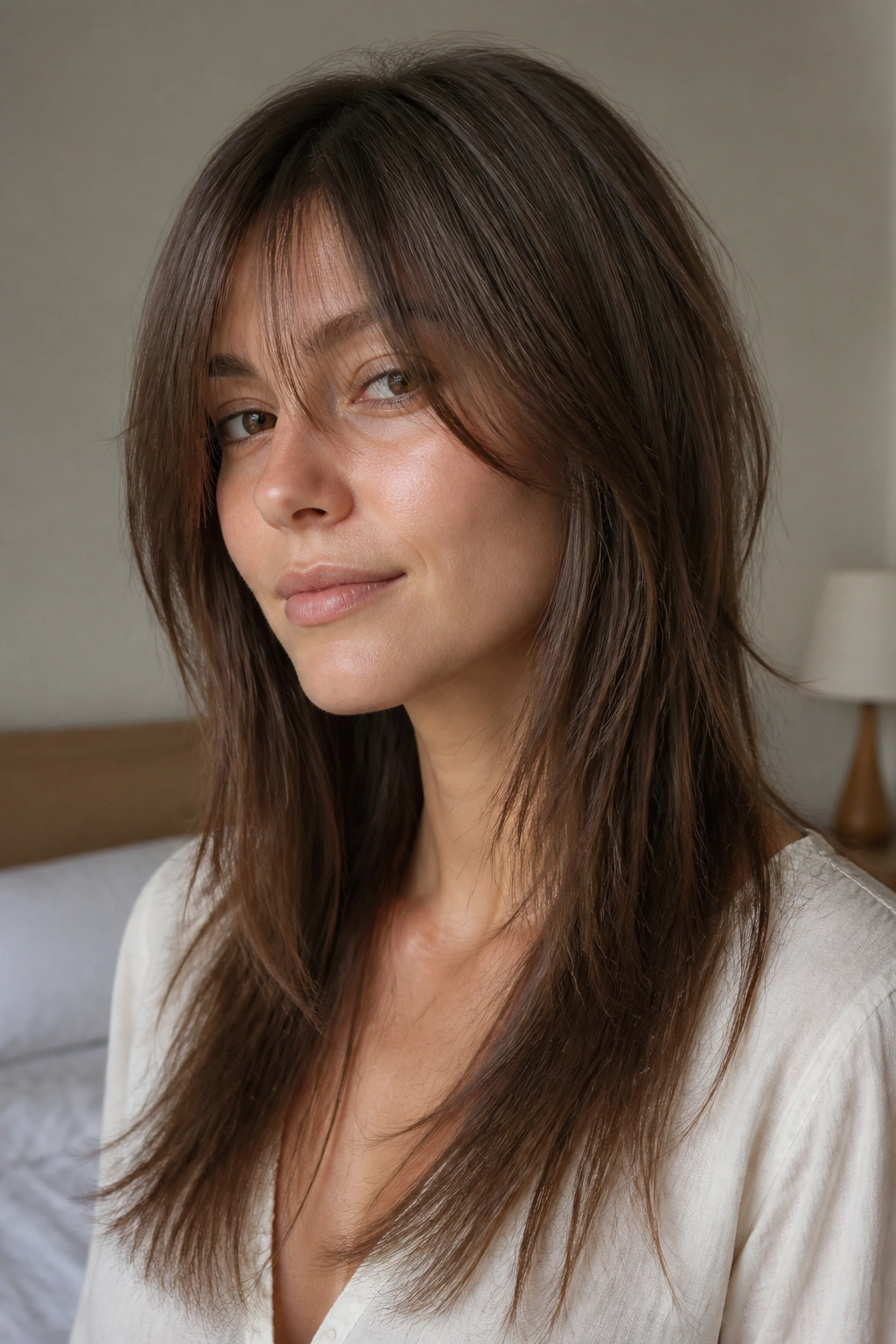 Close-up portrait of a real person with a soft straight shag that air-dries well under natural light
