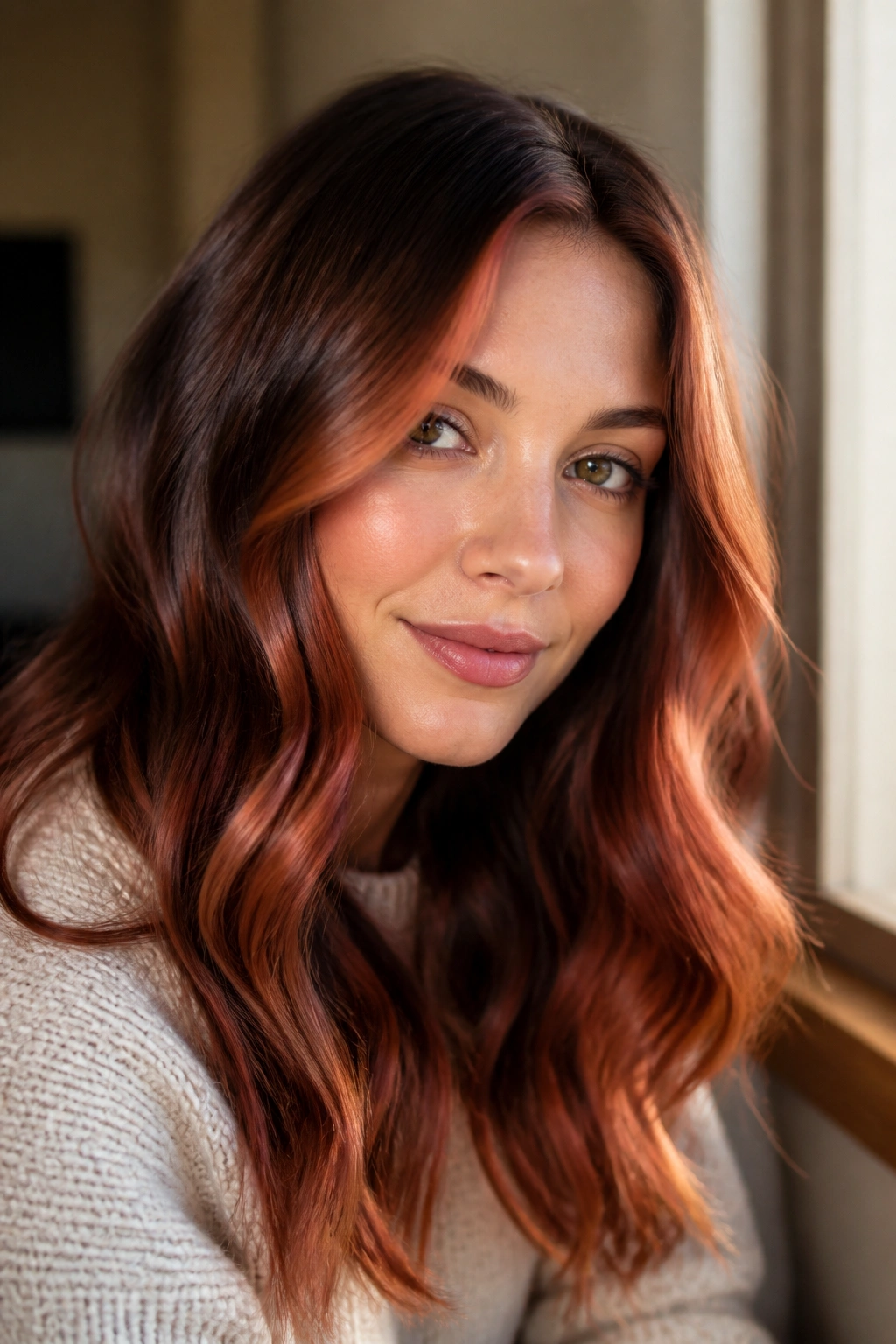 Close-up portrait of a woman with soft strawberry auburn framing the face on a brown base hair.