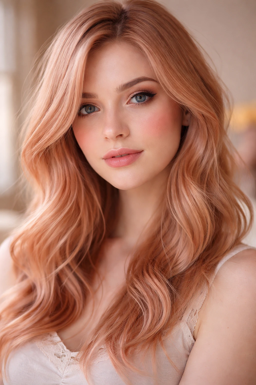 Close up of a real person with soft strawberry blonde hair and rosy glow.