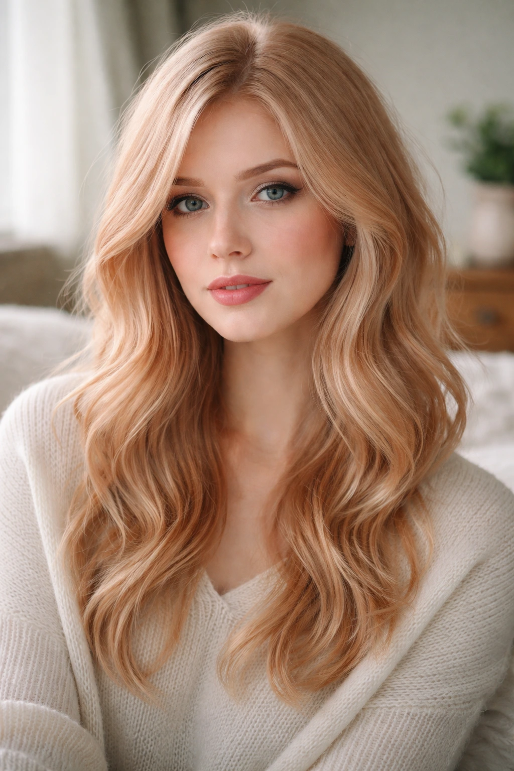 Close-up portrait of a real woman with soft strawberry blonde hair in natural light.