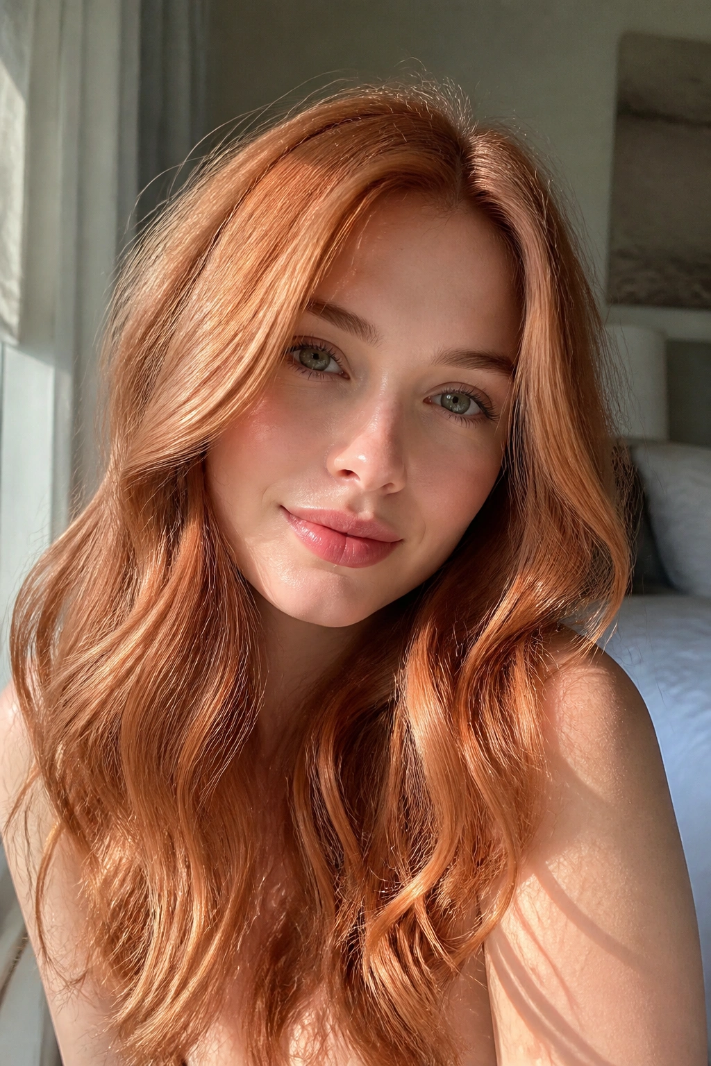 Close-up portrait of a real woman with soft strawberry copper hair in warm window light