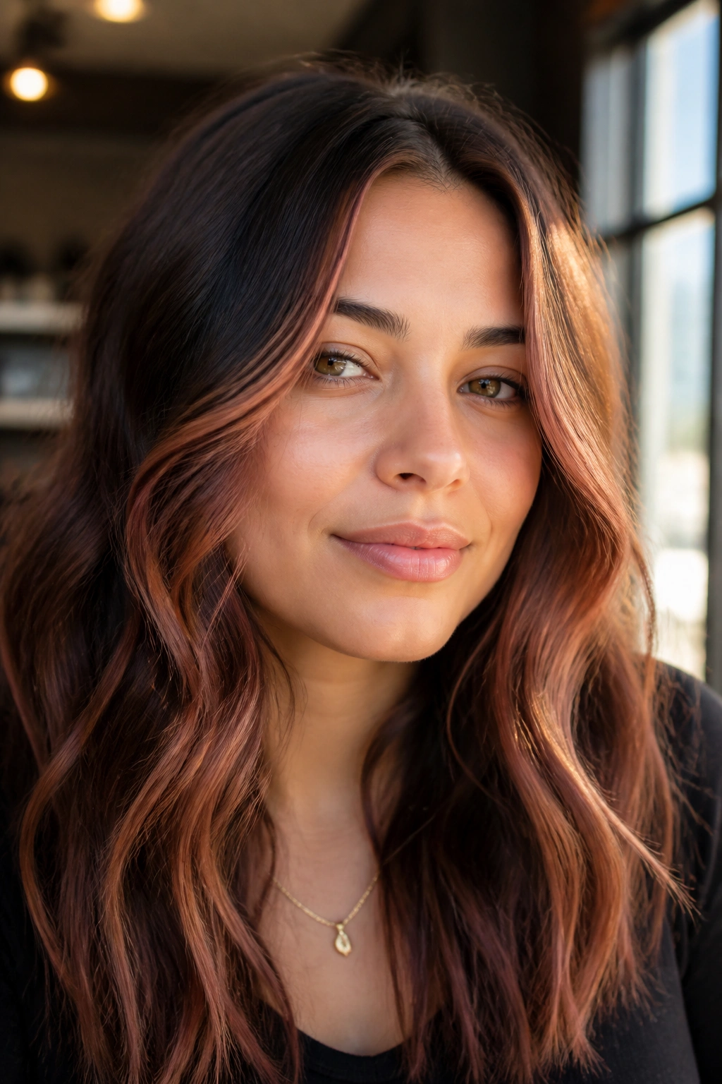 Close-up portrait of a woman with soft strawberry copper highlights on dark brown hair framing her face