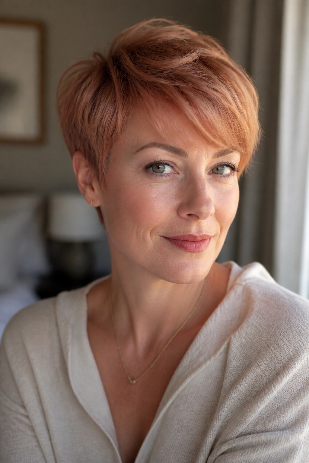 Close-up of a real woman with soft strawberry pixie in a sunlit setting
