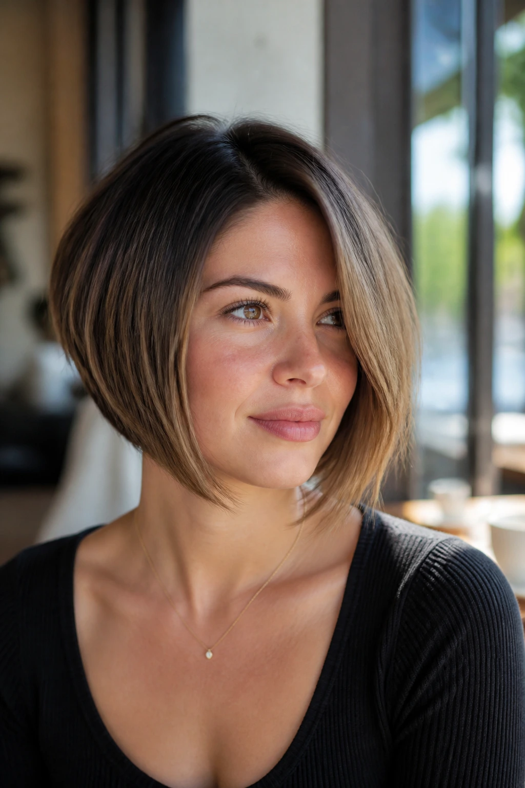 Real woman with a softly swept inverted bob in a sunlit cafe setting.