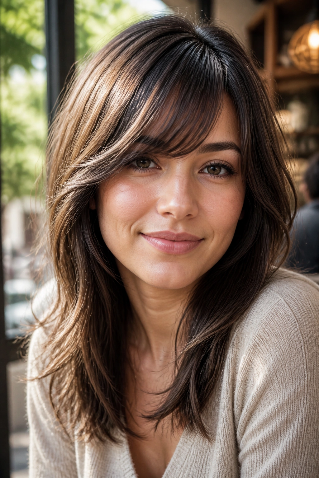 Close-up portrait of a real person with soft swept bangs fading into layers