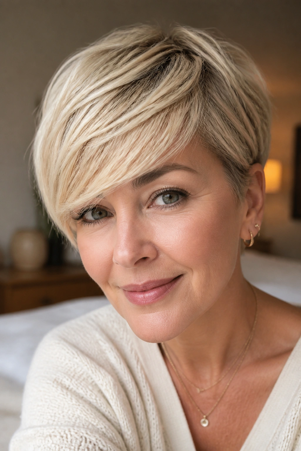 Close-up of a real woman with a soft side-swept blonde pixie, diagonal fringe above lashes.