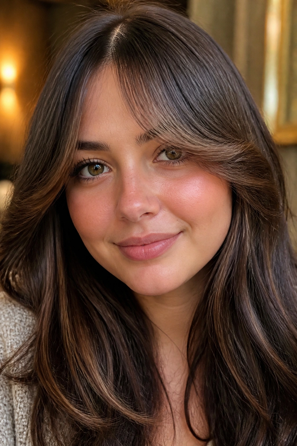 Close-up of a real woman with soft swoop curtain bangs and a gentle off-center part.