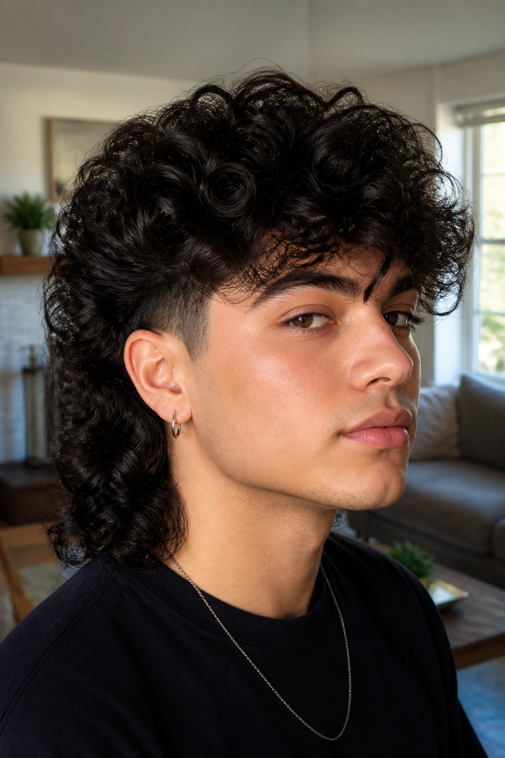 Close-up portrait of a real person with soft-taper curly mullet and thick curls in a cozy home setting