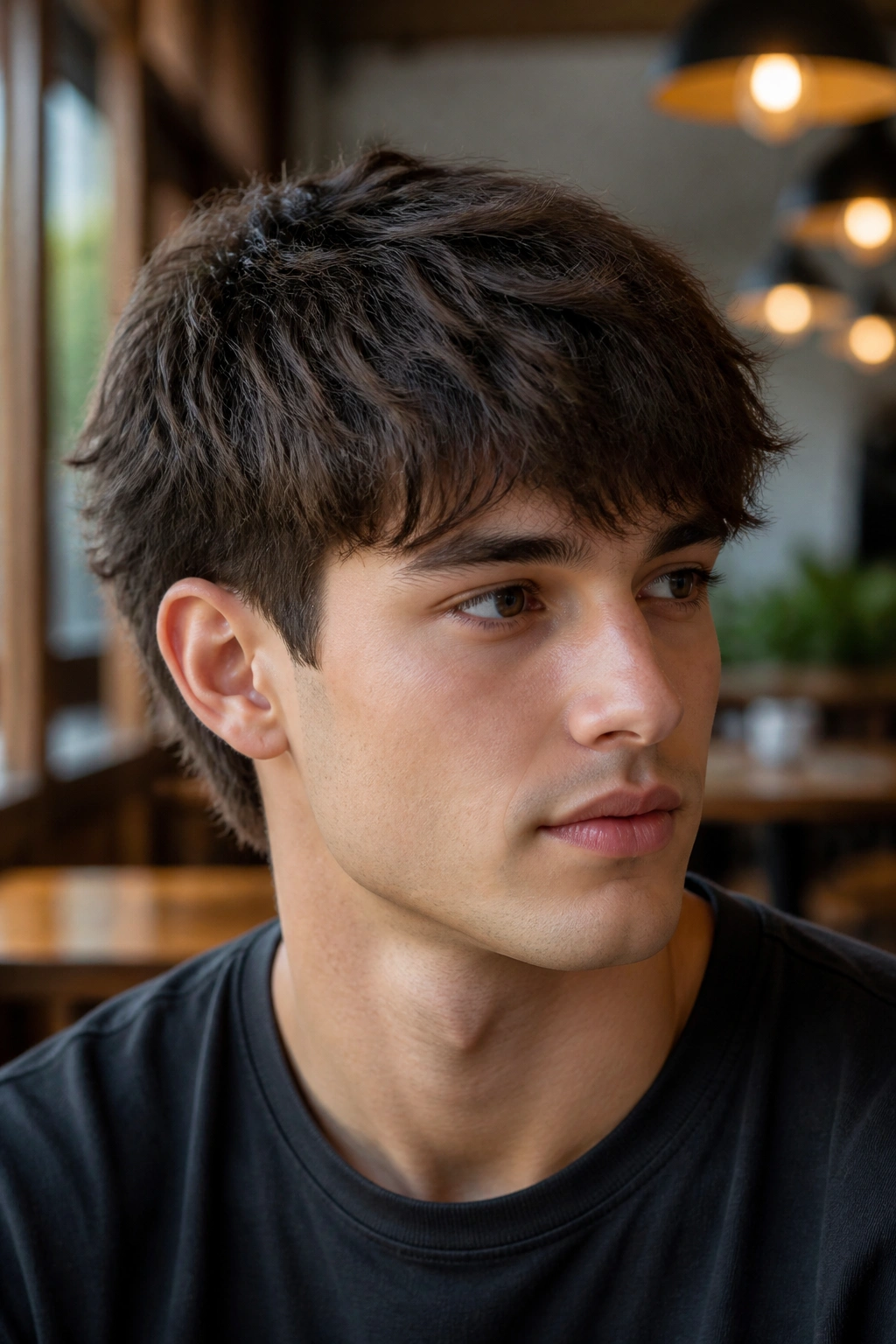 Close-up portrait of a real man with clean soft-taper shag featuring textured top and tapered sides in a cafe setting.