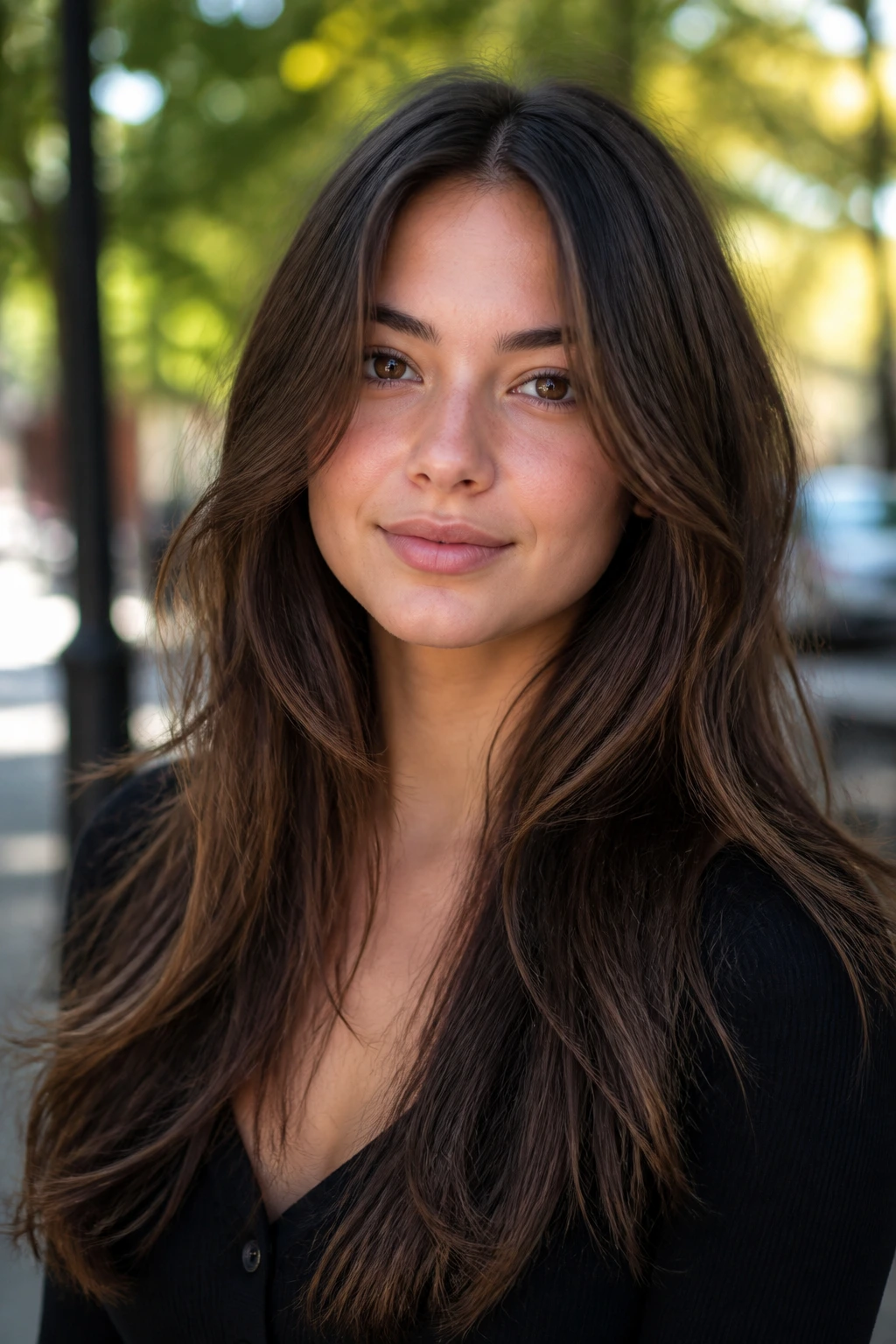Close-up of long brown hair with a soft tapered cut