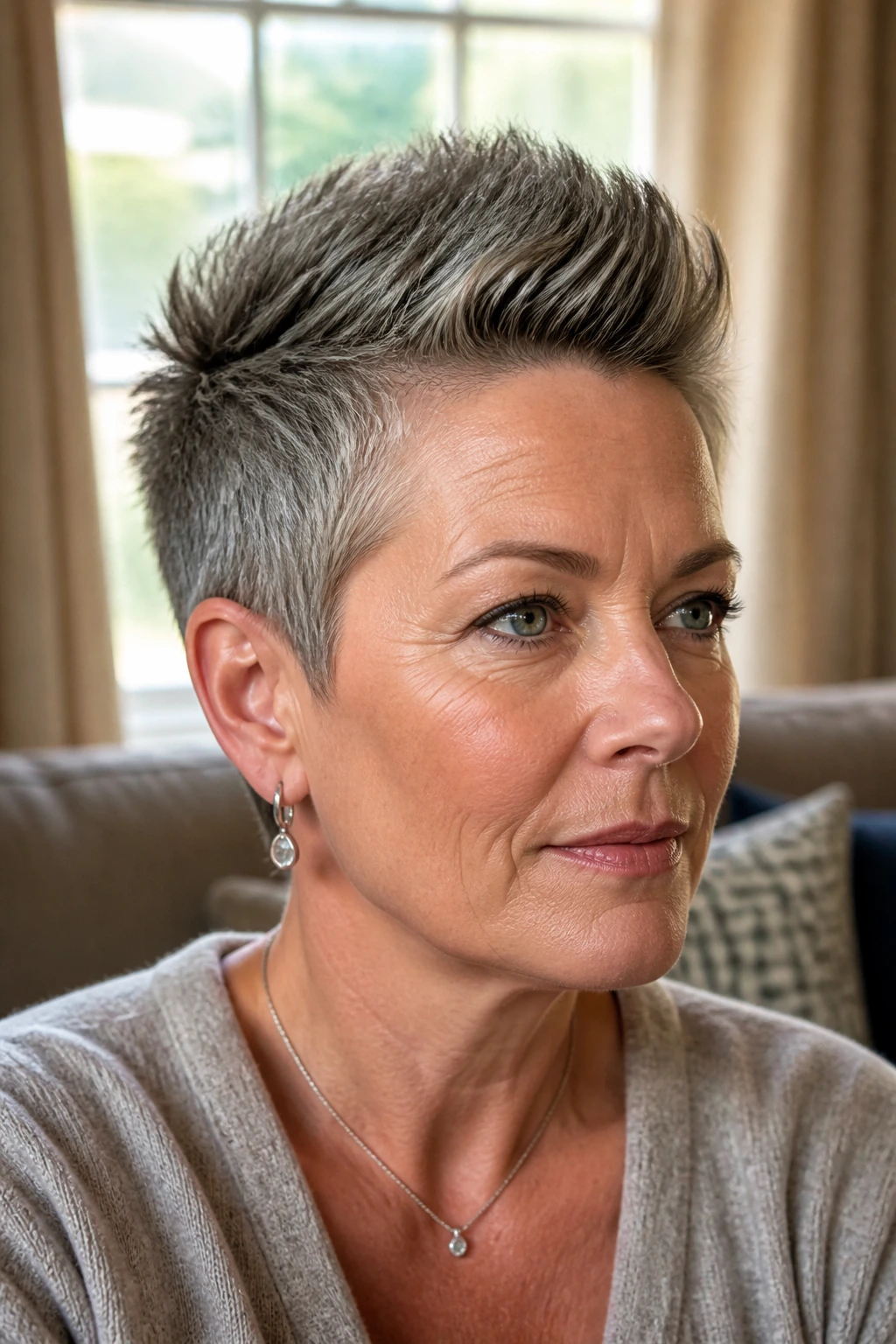 Close-up portrait of a woman with a soft-tapered faux hawk, centered peak and tapered sides.