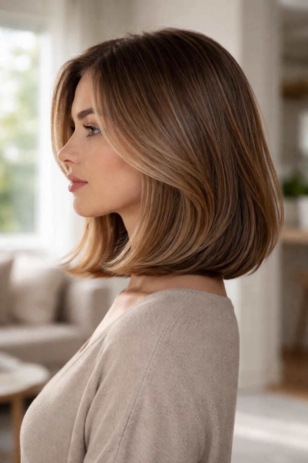 Side-profile of a real woman with a softly tapered lob