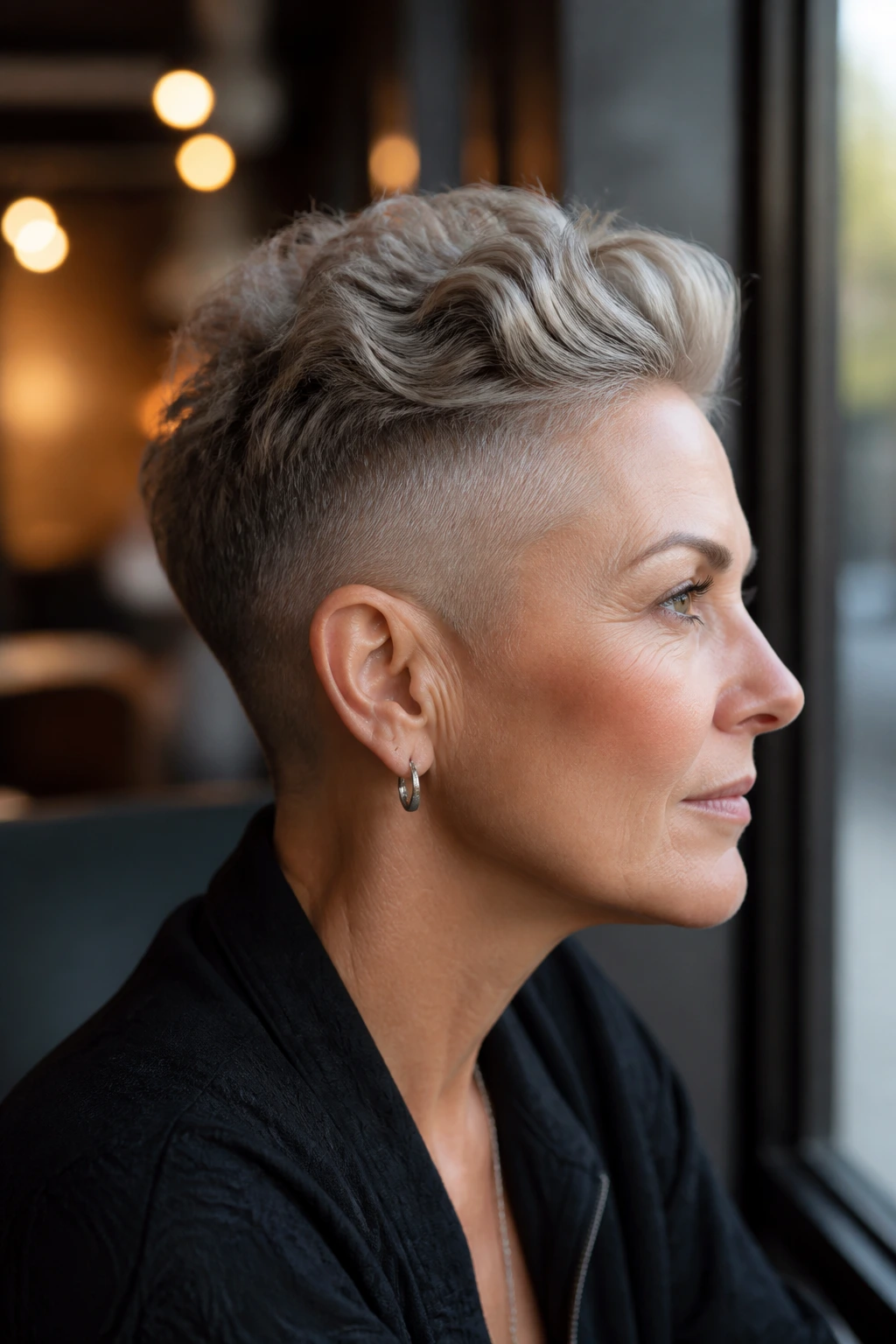 Close-up of a real woman with softly tapered mohawk sides in daylight.