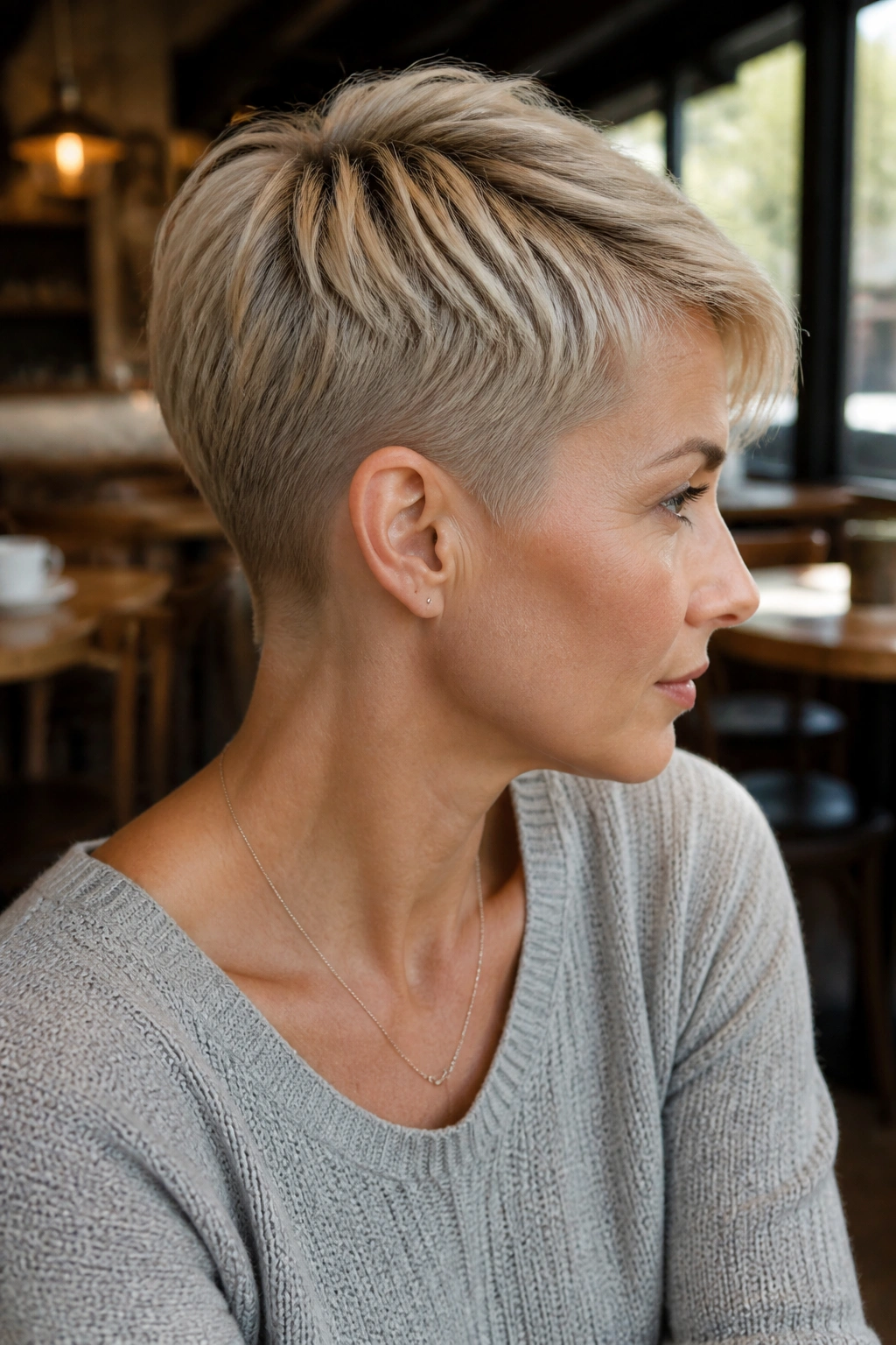 Close-up portrait of a real woman with a soft tapered pixie and close nape