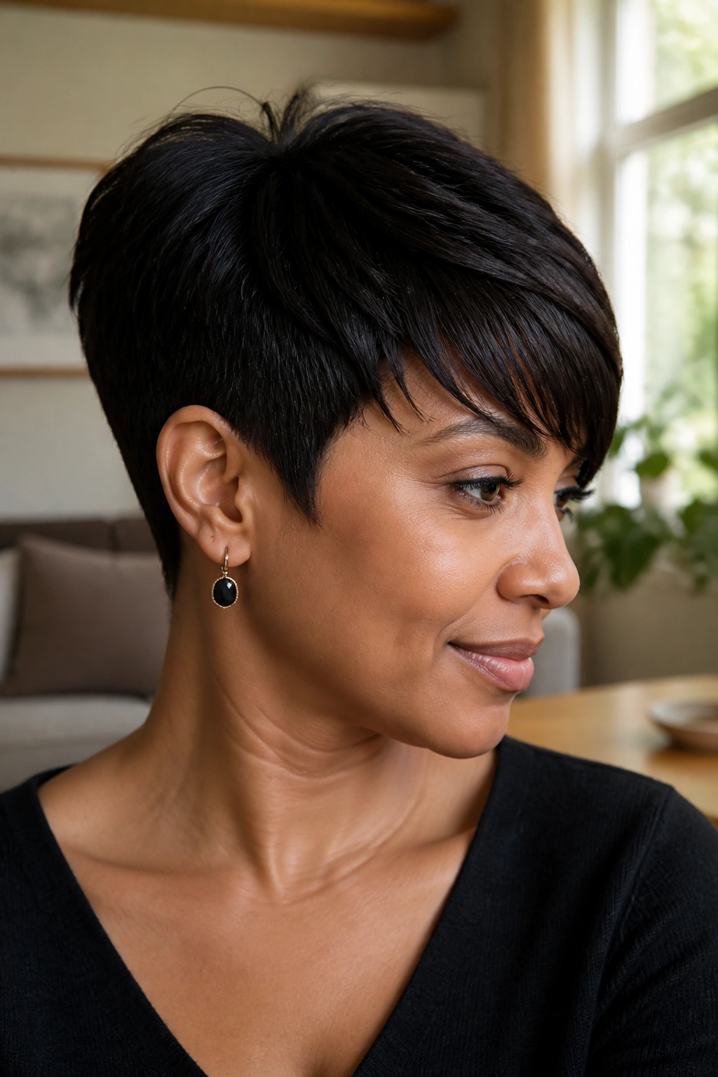 Close-up of a real person with a soft tapered pixie and side-swept fringe in warm daylight