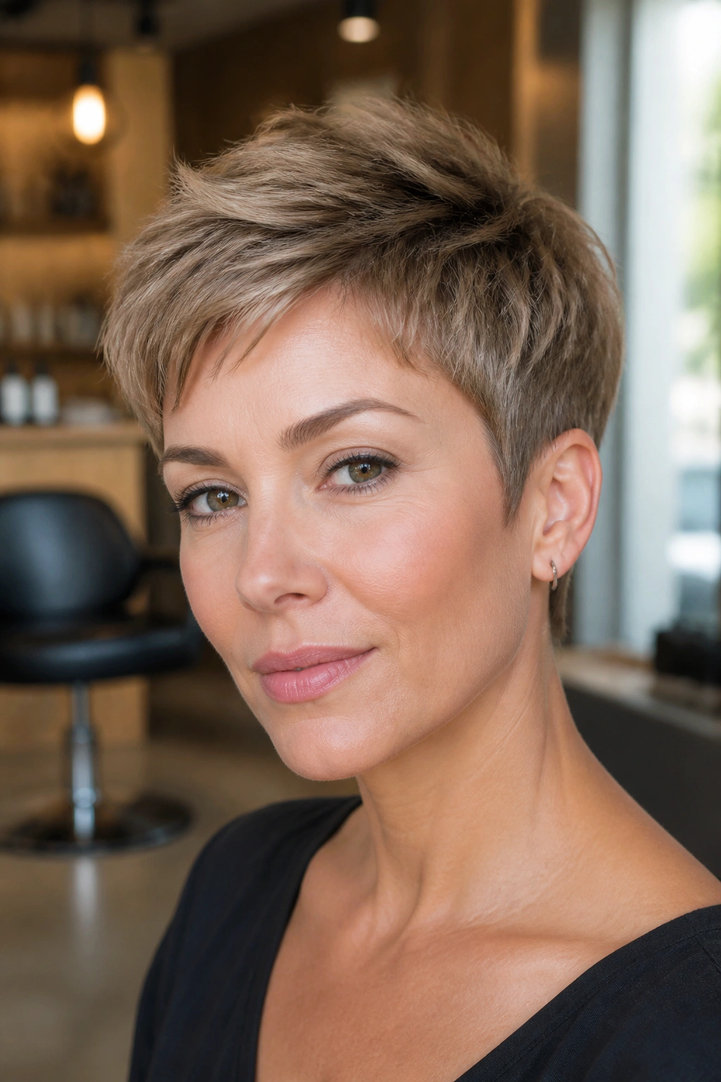 Close-up portrait of a real woman with a soft tapered pixie on an oval face, warm salon backdrop.
