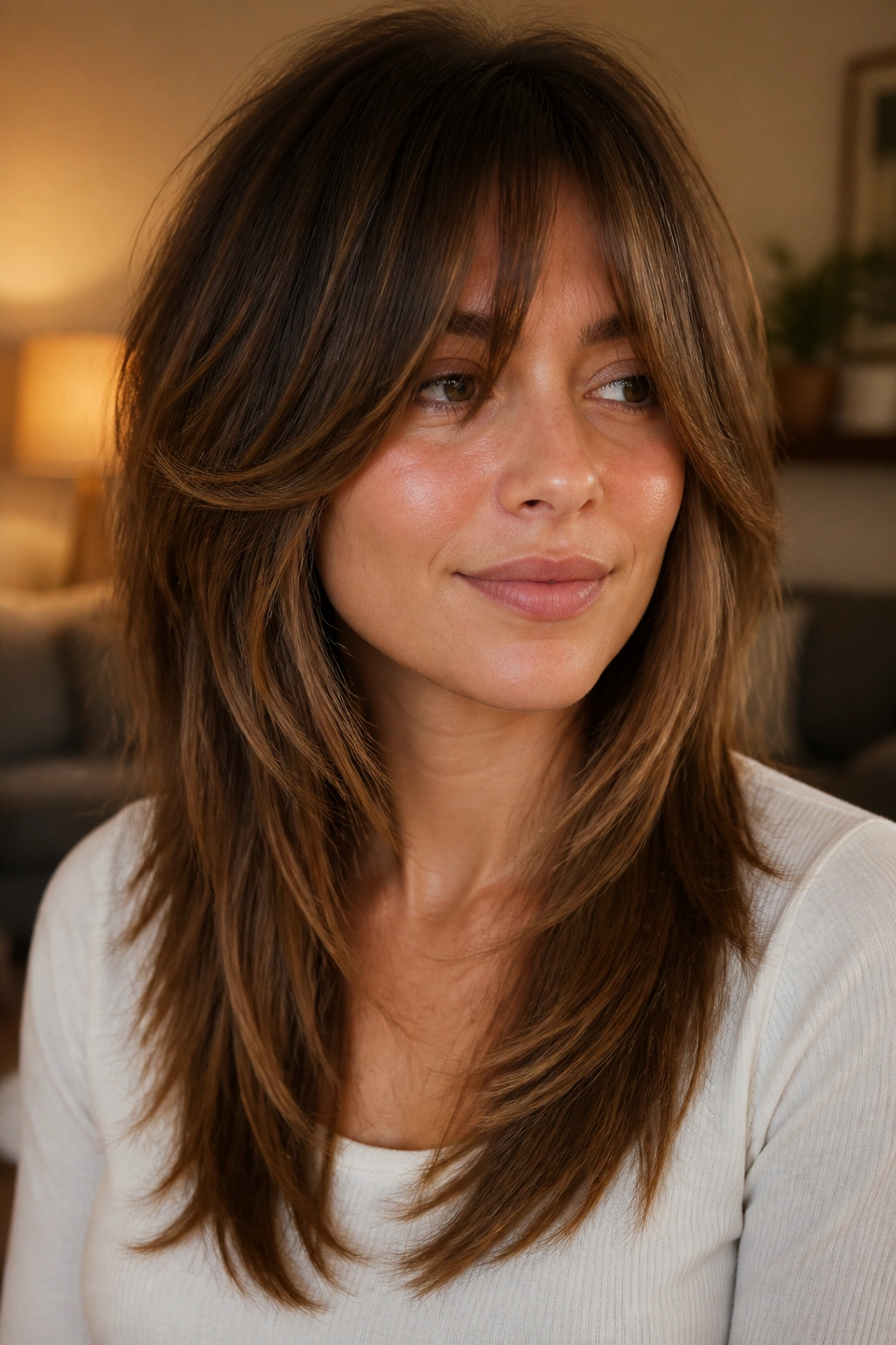 Close-up of a real woman with a soft tapered shag showing a smooth finished line in warm indoor light